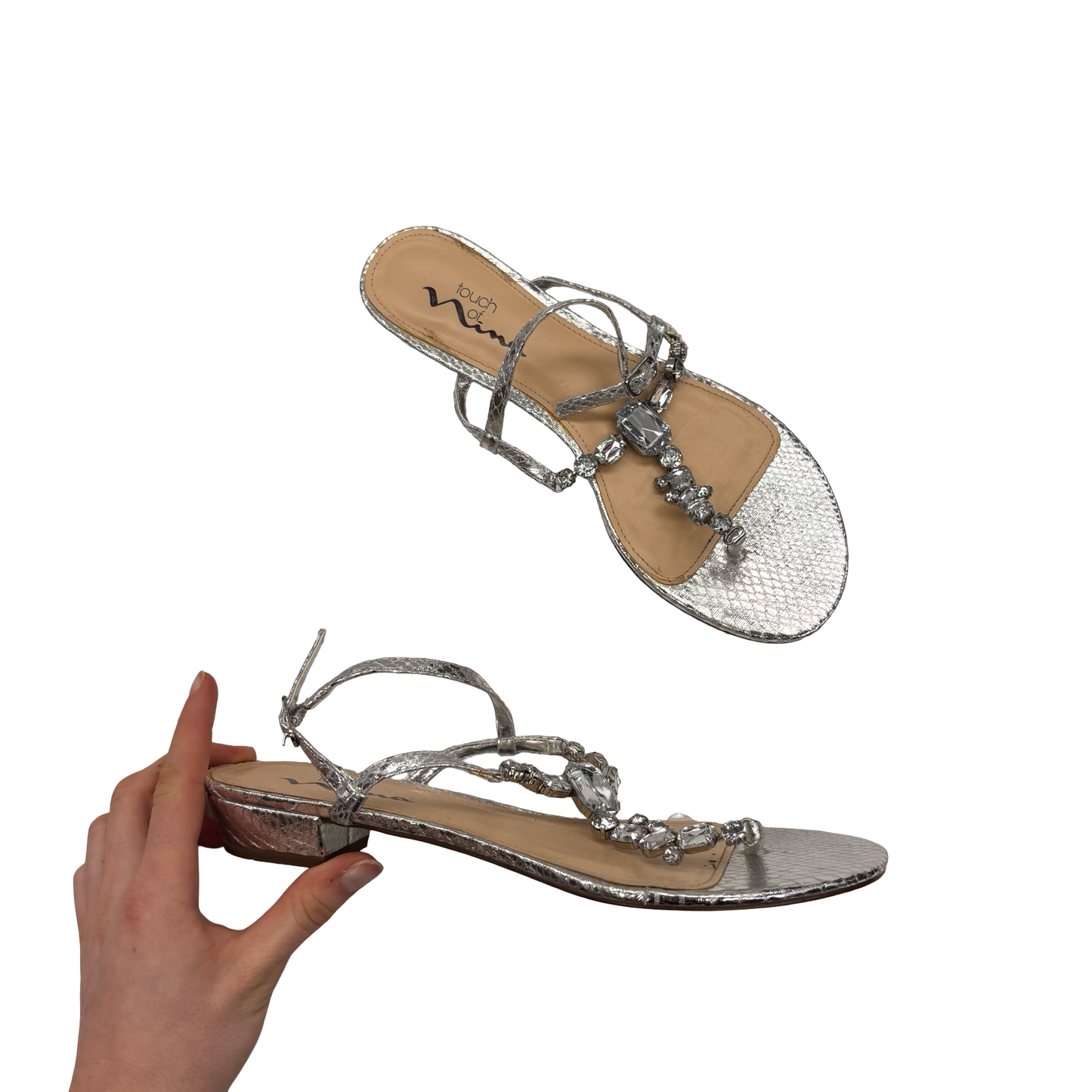 Sandals Heels Block By Clothes Mentor In Silver, Size:8.5