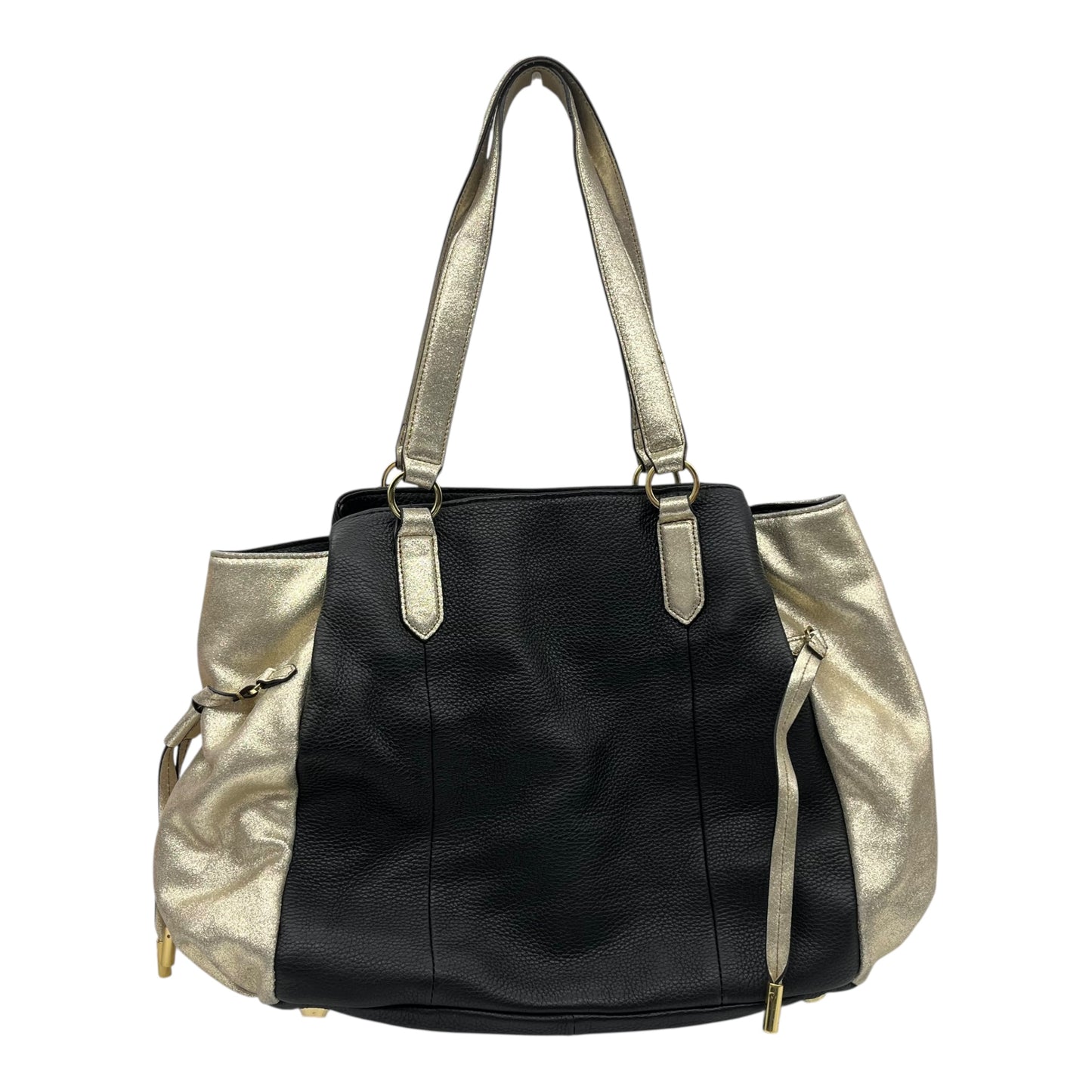 Handbag Leather By Clothes Mentor In Black & Gold, Size:Large