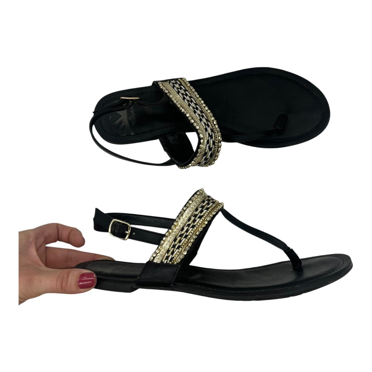 Sandals Flats By Fergalicious In Black, Size:9.5