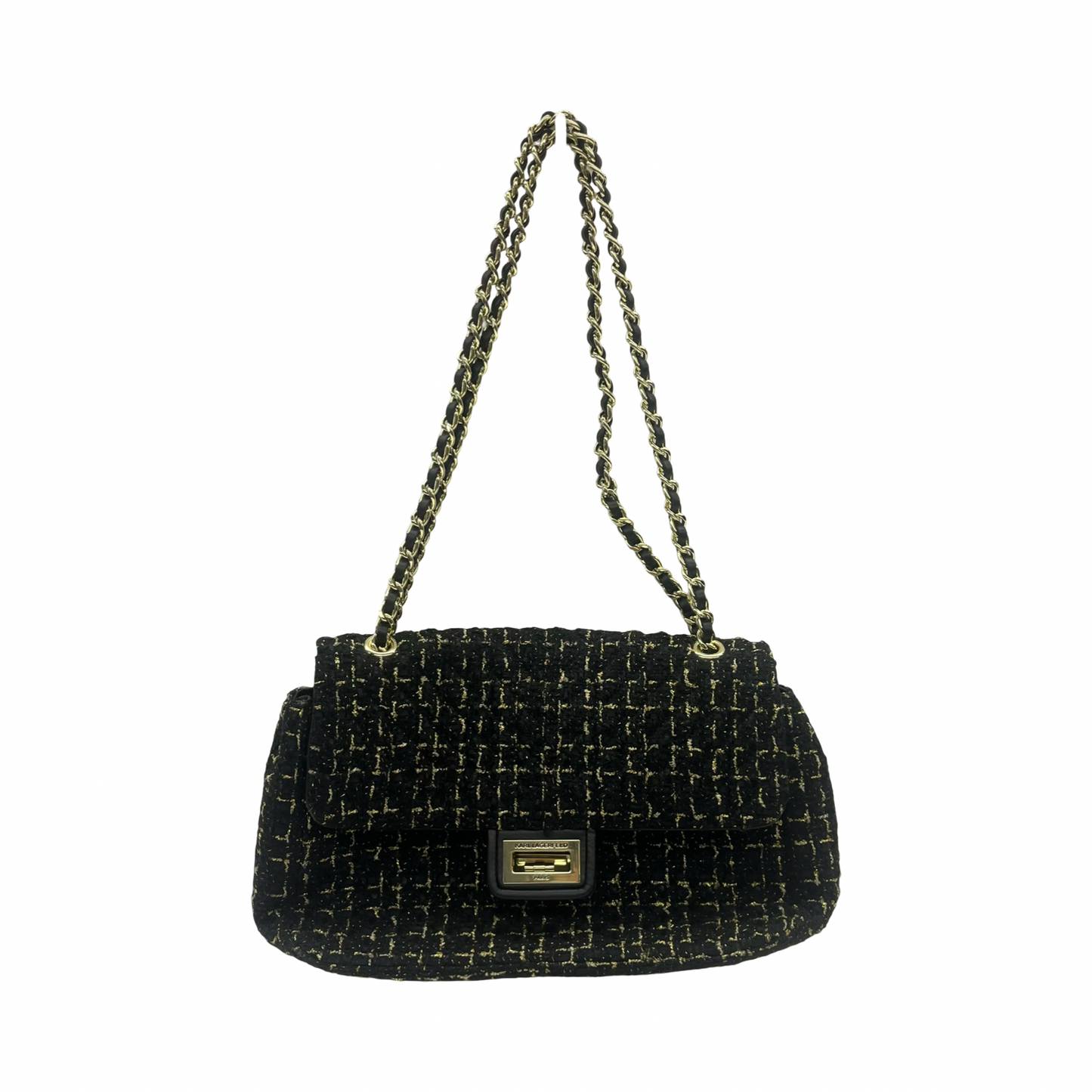 Handbag Designer By Karl Lagerfeld In Black & Gold, Size:Medium