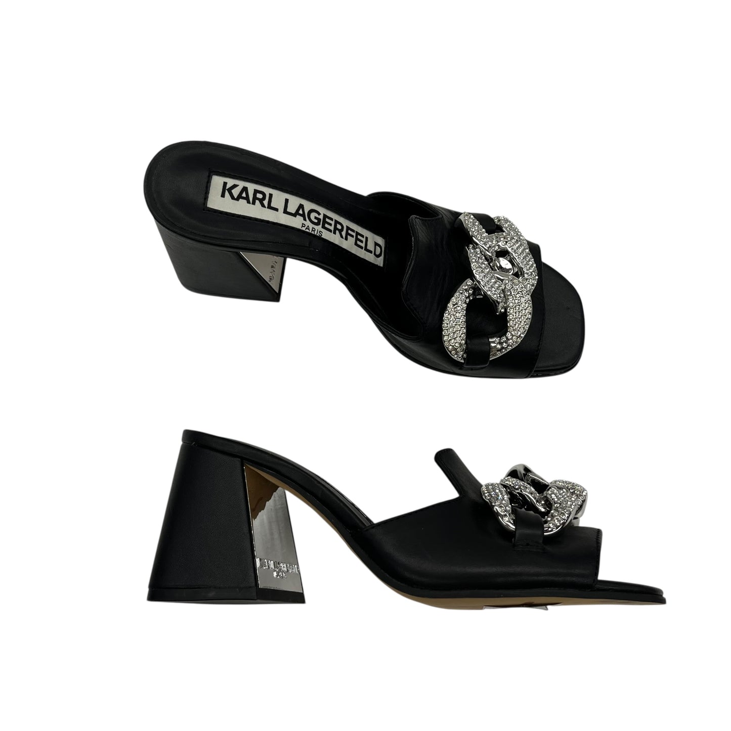 Sandals Designer By Karl Lagerfeld In Black & Silver, Size:6.5