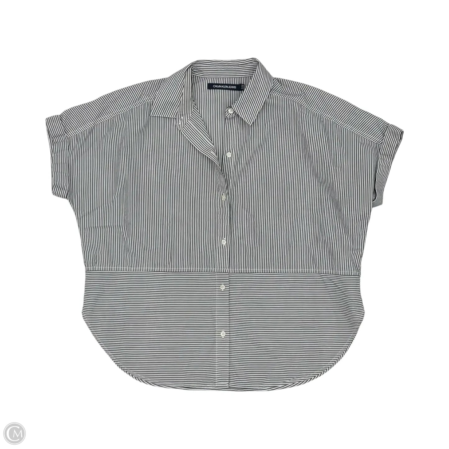 Blouse Short Sleeve By Calvin Klein In Grey & White, Size: S
