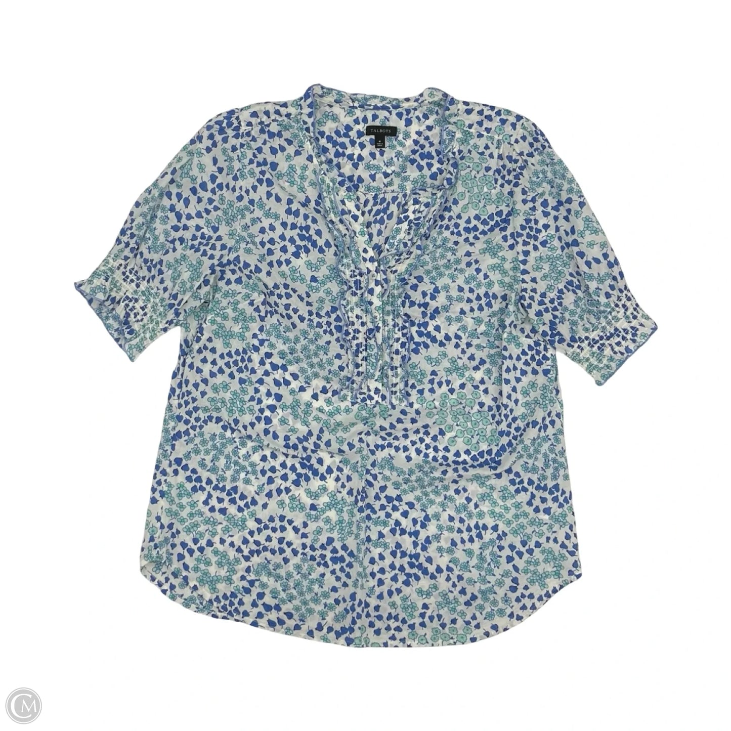 Blouse Short Sleeve By Talbots In Blue & White, Size: M
