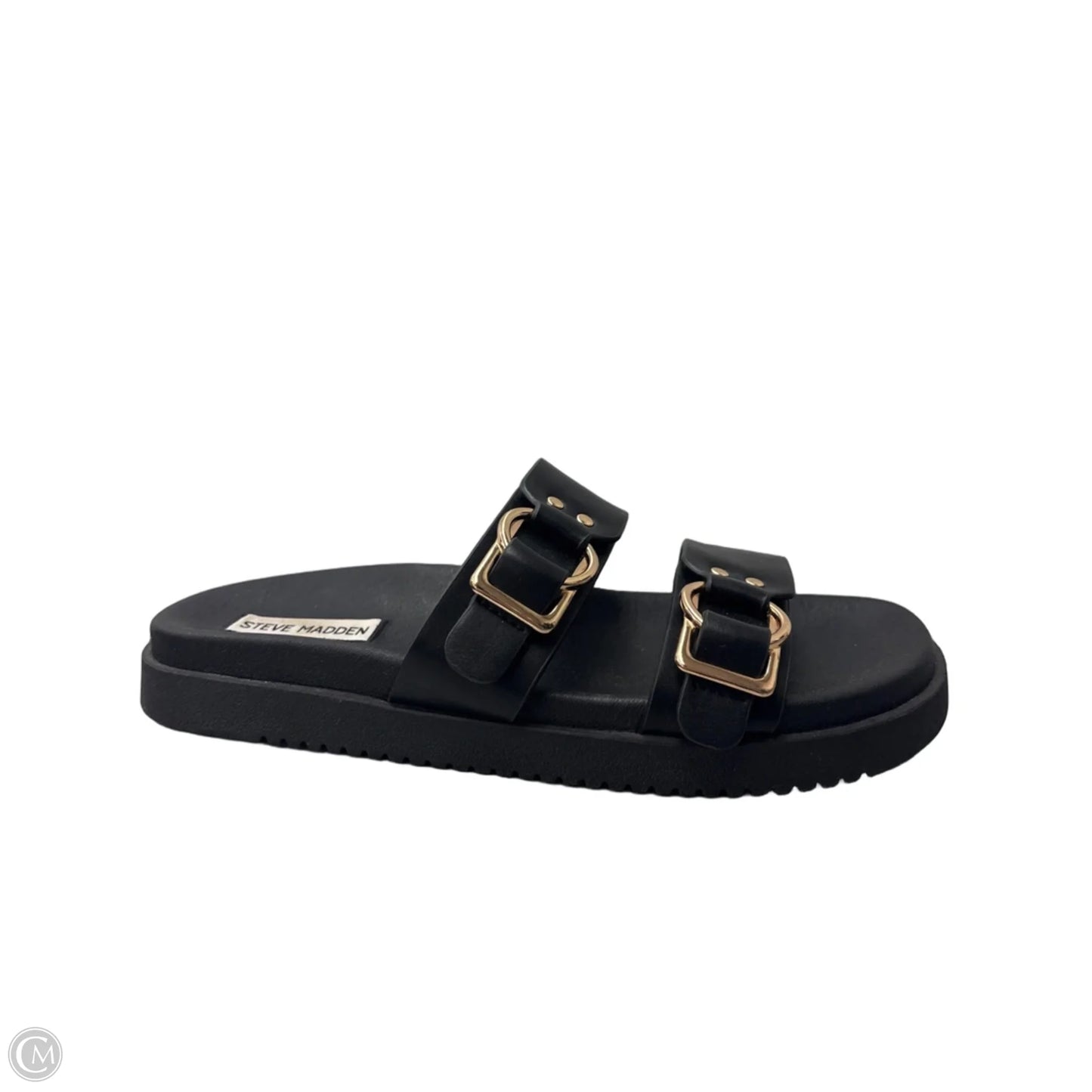 Sandals Flats By Steve Madden In Black & Gold, Size: 9