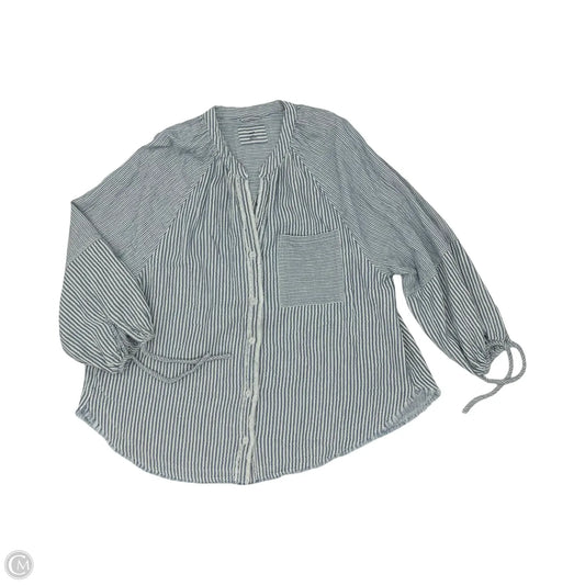 Blouse Long Sleeve By Aerie In Blue & White, Size: L