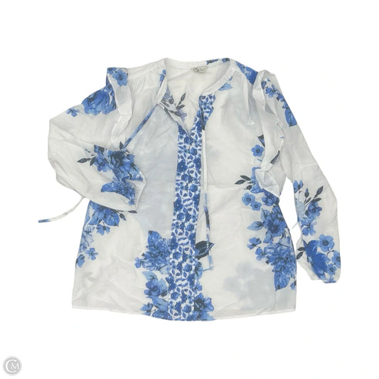 Blouse Long Sleeve By Cato In Blue & White, Size: M