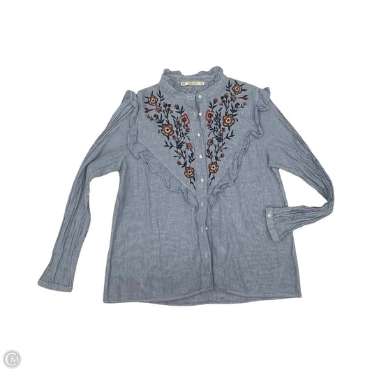Blouse Long Sleeve By Zara Basic In Blue & White, Size: Xl