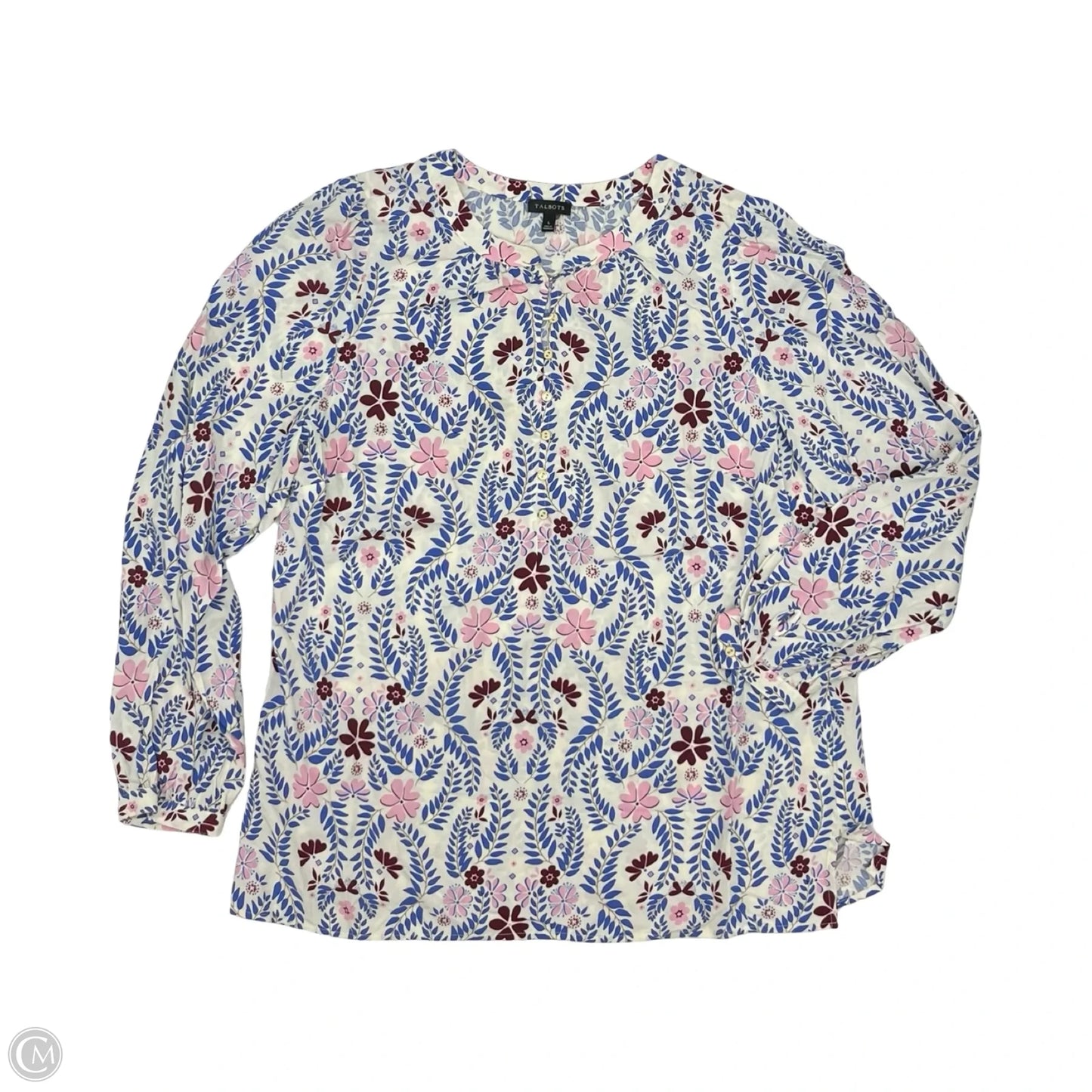 Blouse Long Sleeve By Talbots In Blue & White, Size: L