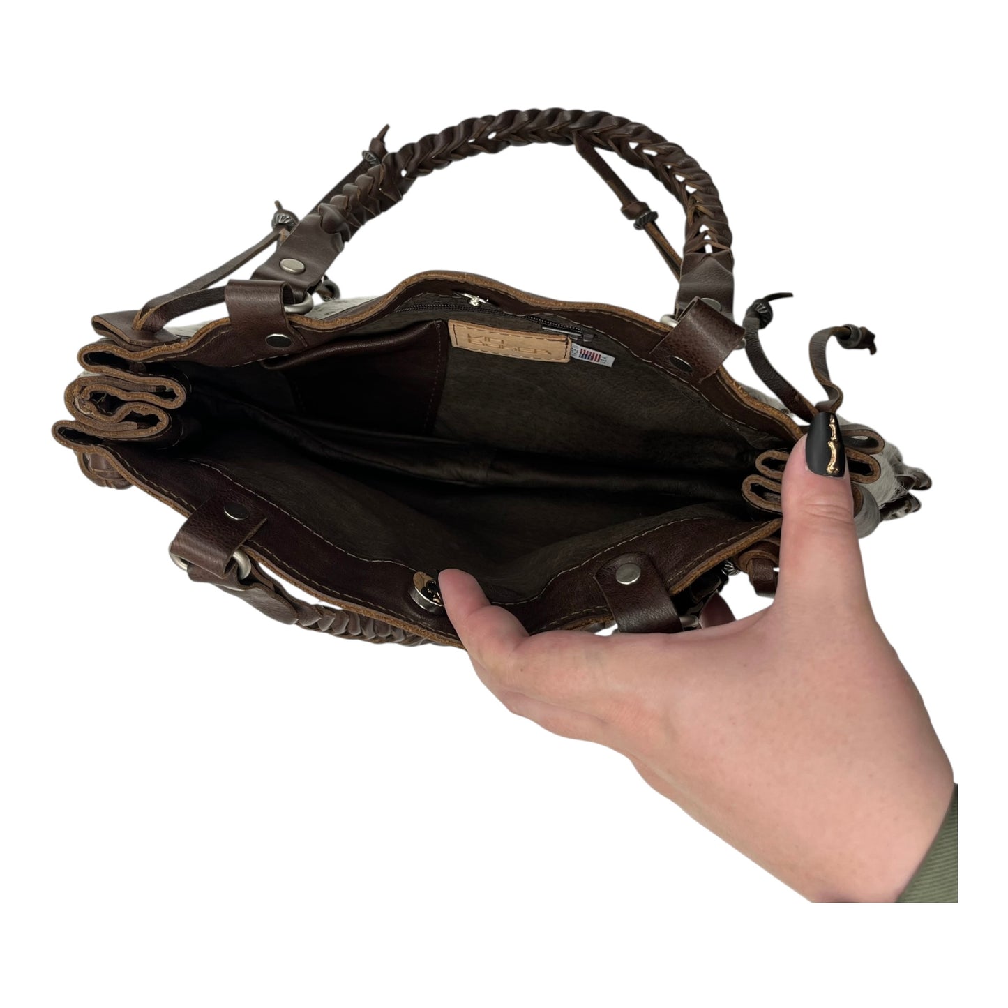 Handbag Leather By Clothes Mentor In Brown & Cream, Size:Medium