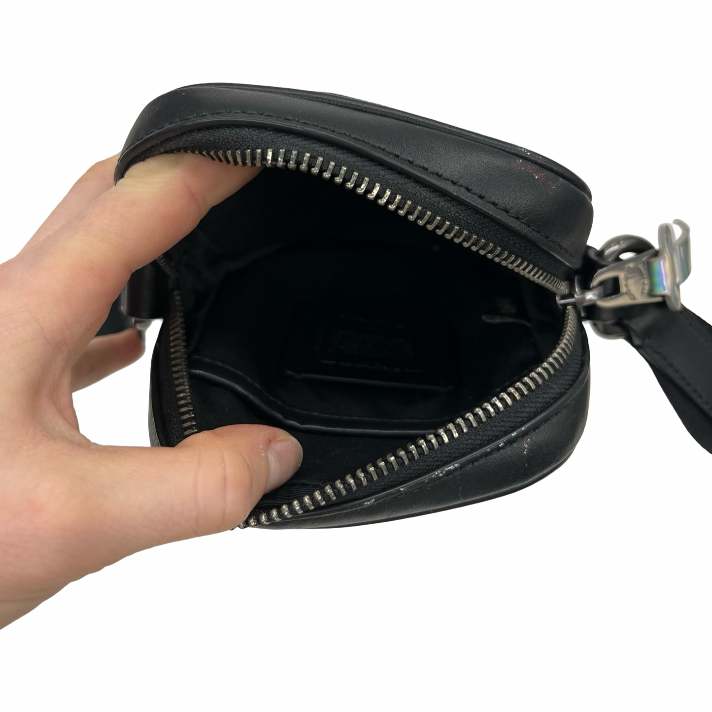 Crossbody Designer By Coach In Black & Silver, Size:Small