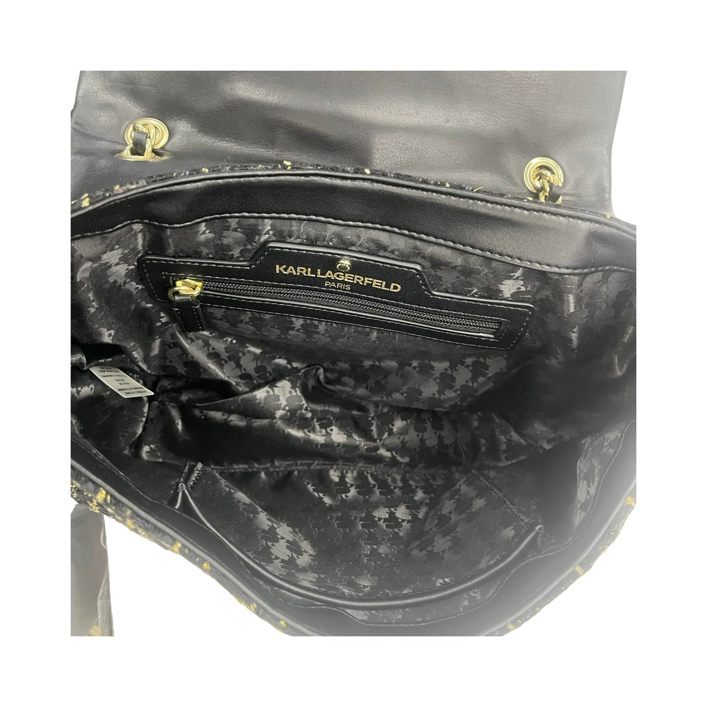 Handbag Designer By Karl Lagerfeld In Black & Gold, Size:Medium