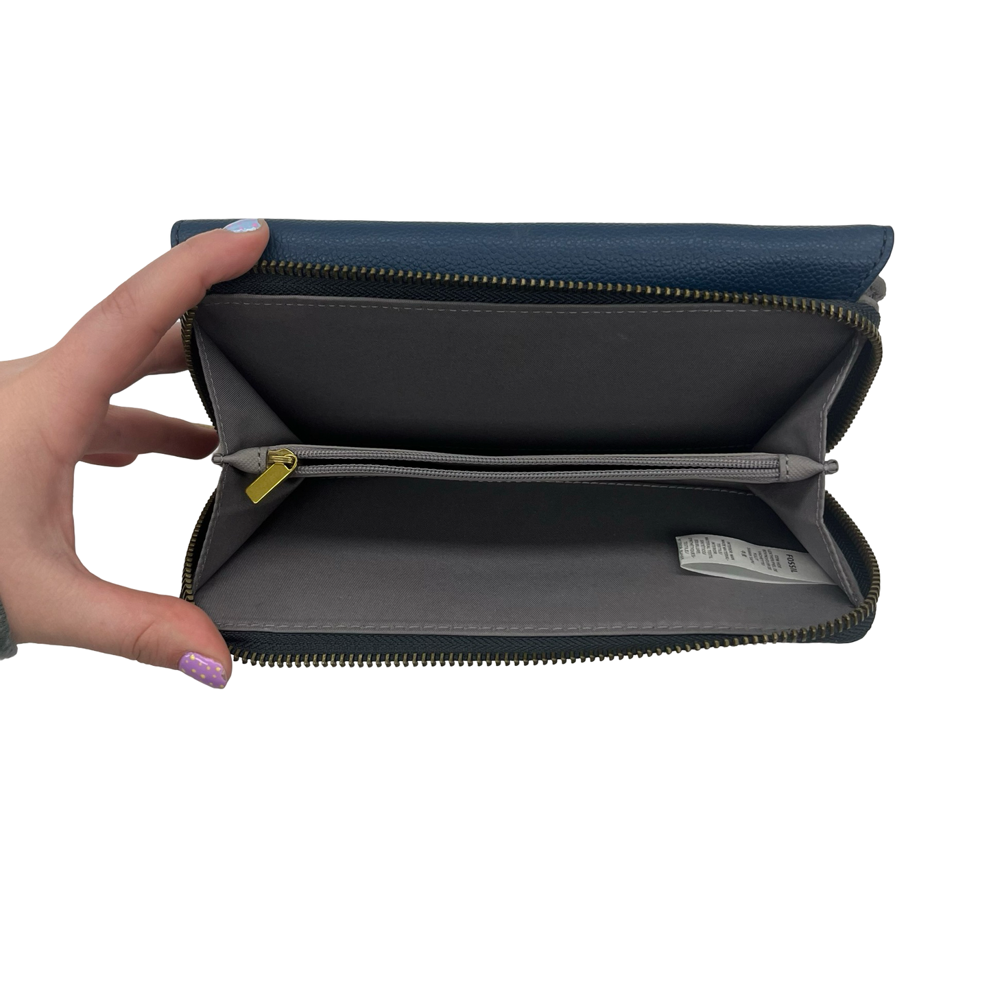 Wallet Leather By Fossil In Navy, Size:Large