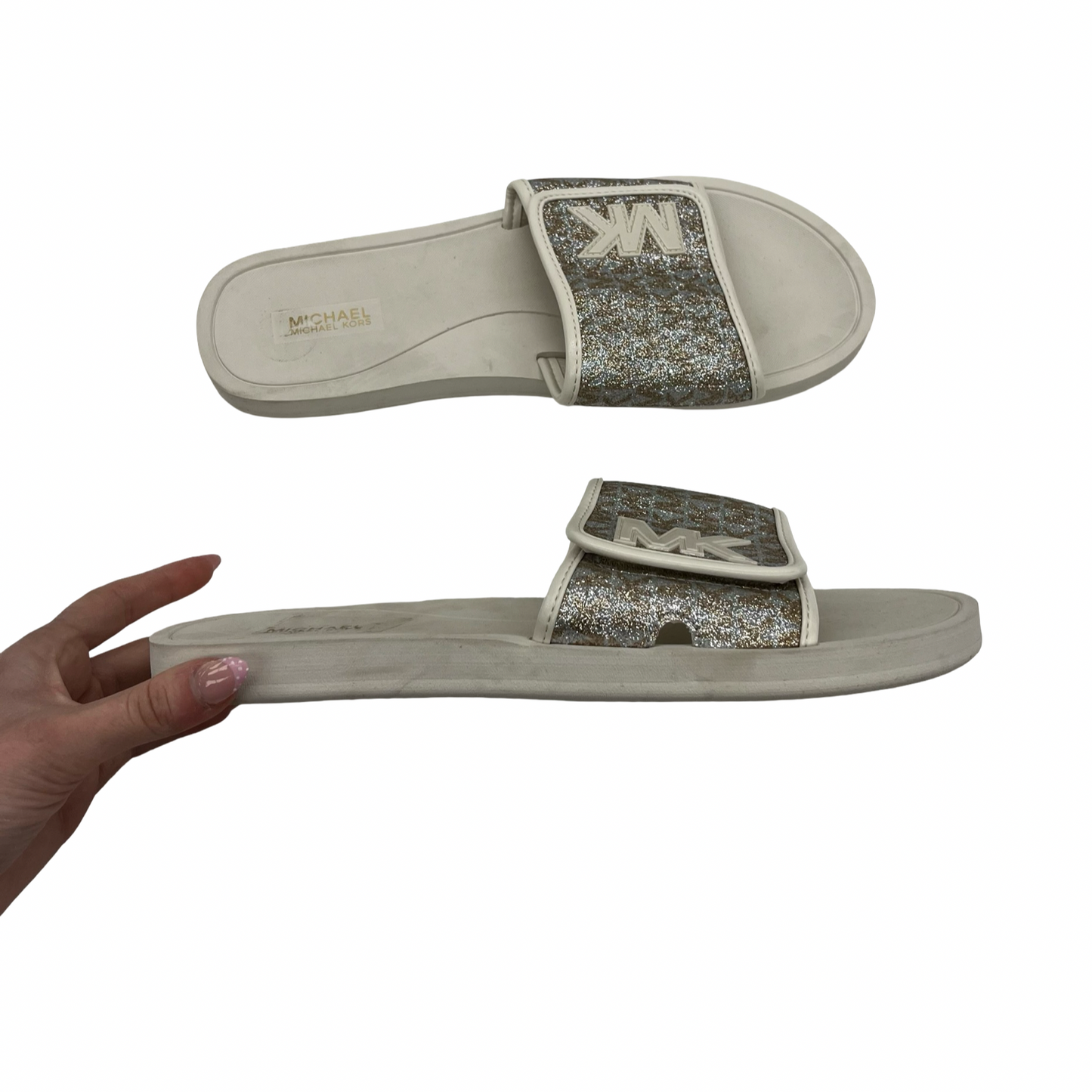 Sandals Designer By Michael Kors In Silver & Tan, Size:11