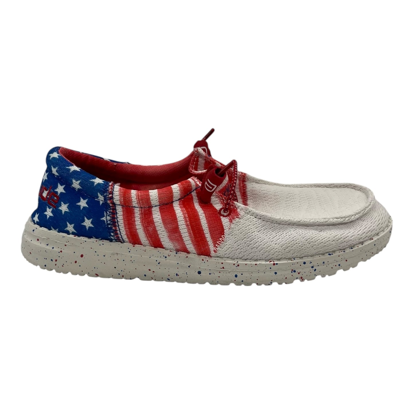 Shoes Flats By Hey Dude In Blue & Red & White, Size:7