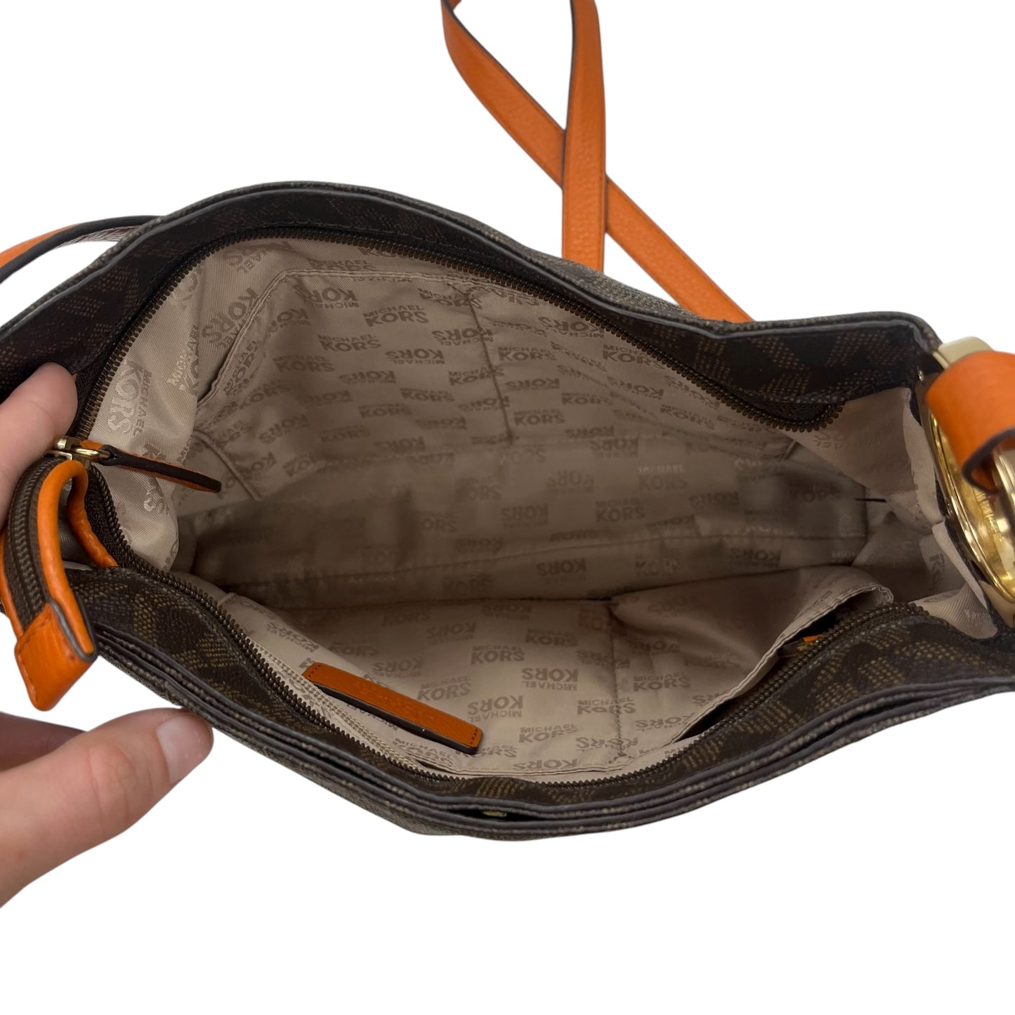 Crossbody Designer By Michael Kors In Brown & Orange, Size:Medium