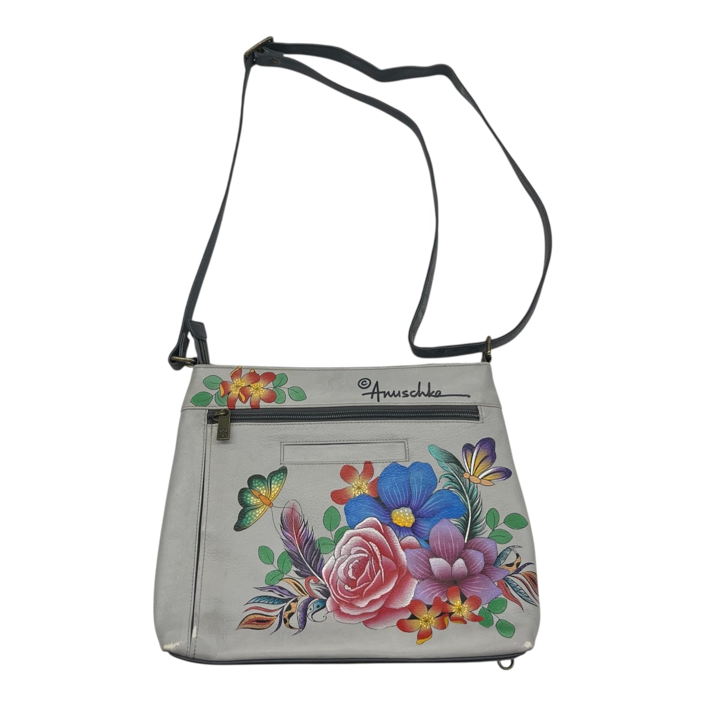 Crossbody Leather By Anuschka In Grey, Size:Medium
