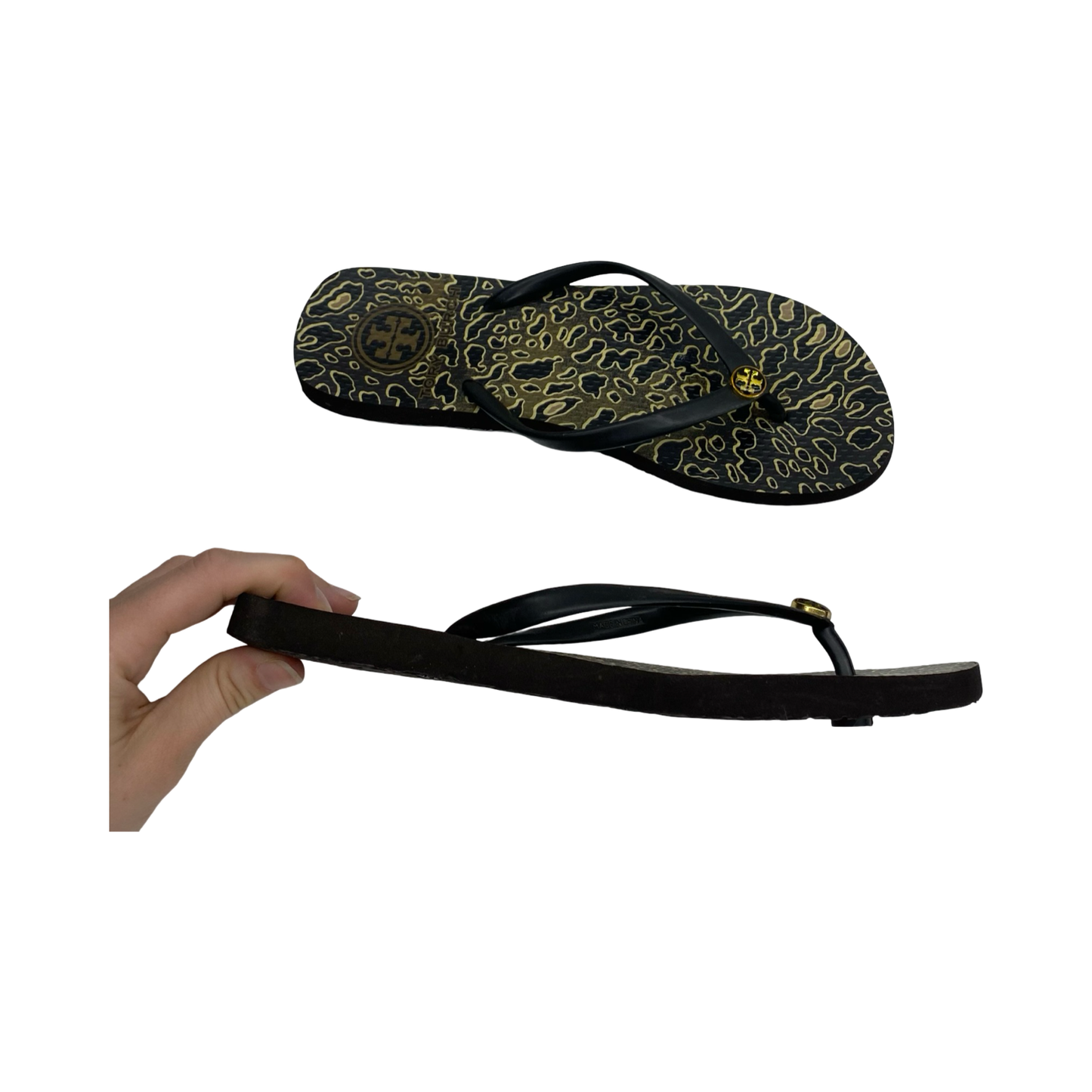 Sandals Designer By Tory Burch In Black & Gold, Size:7.5