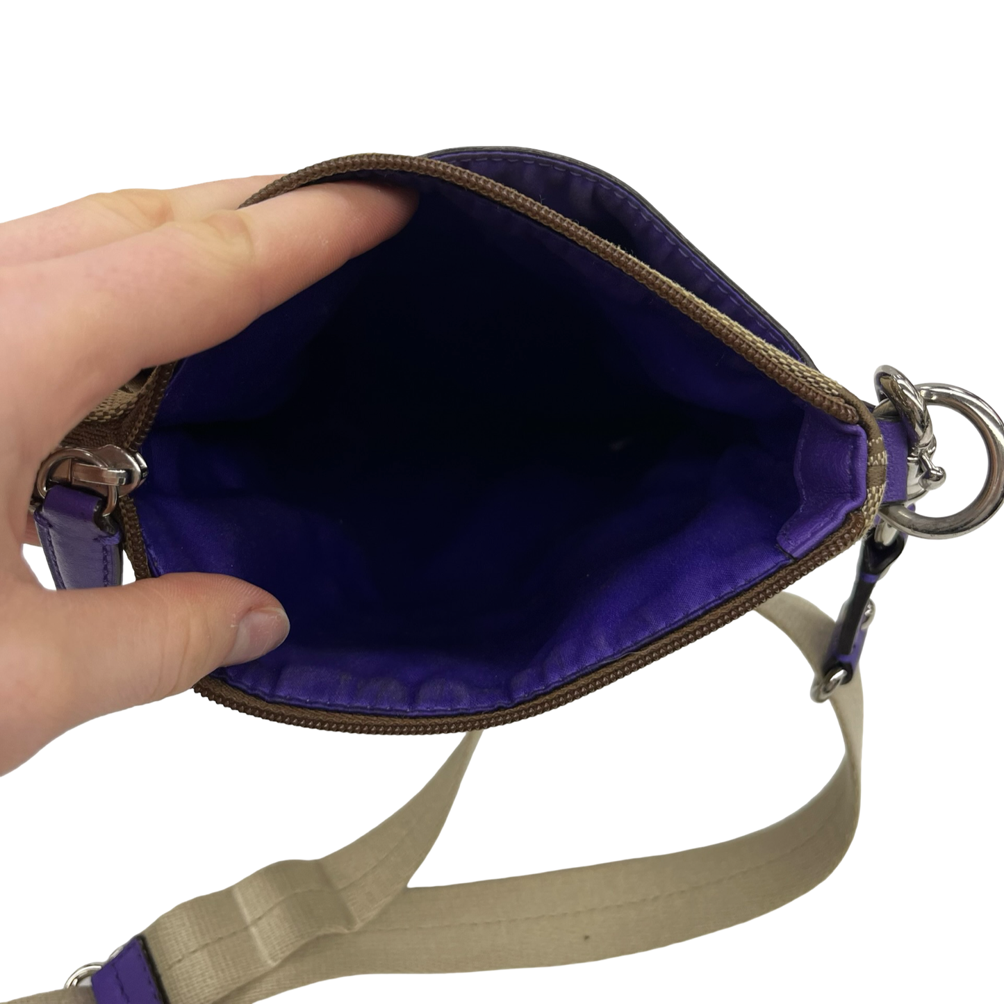 Crossbody Designer By Coach In Purple & Tan, Size:Small