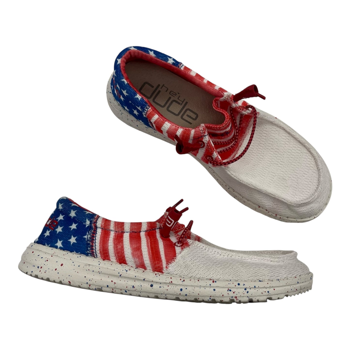 Shoes Flats By Hey Dude In Blue & Red & White, Size:7