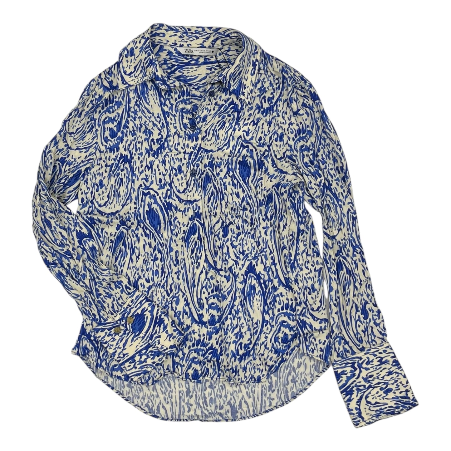 Blouse Ls By Zara In Blue & Cream, Size:Xs