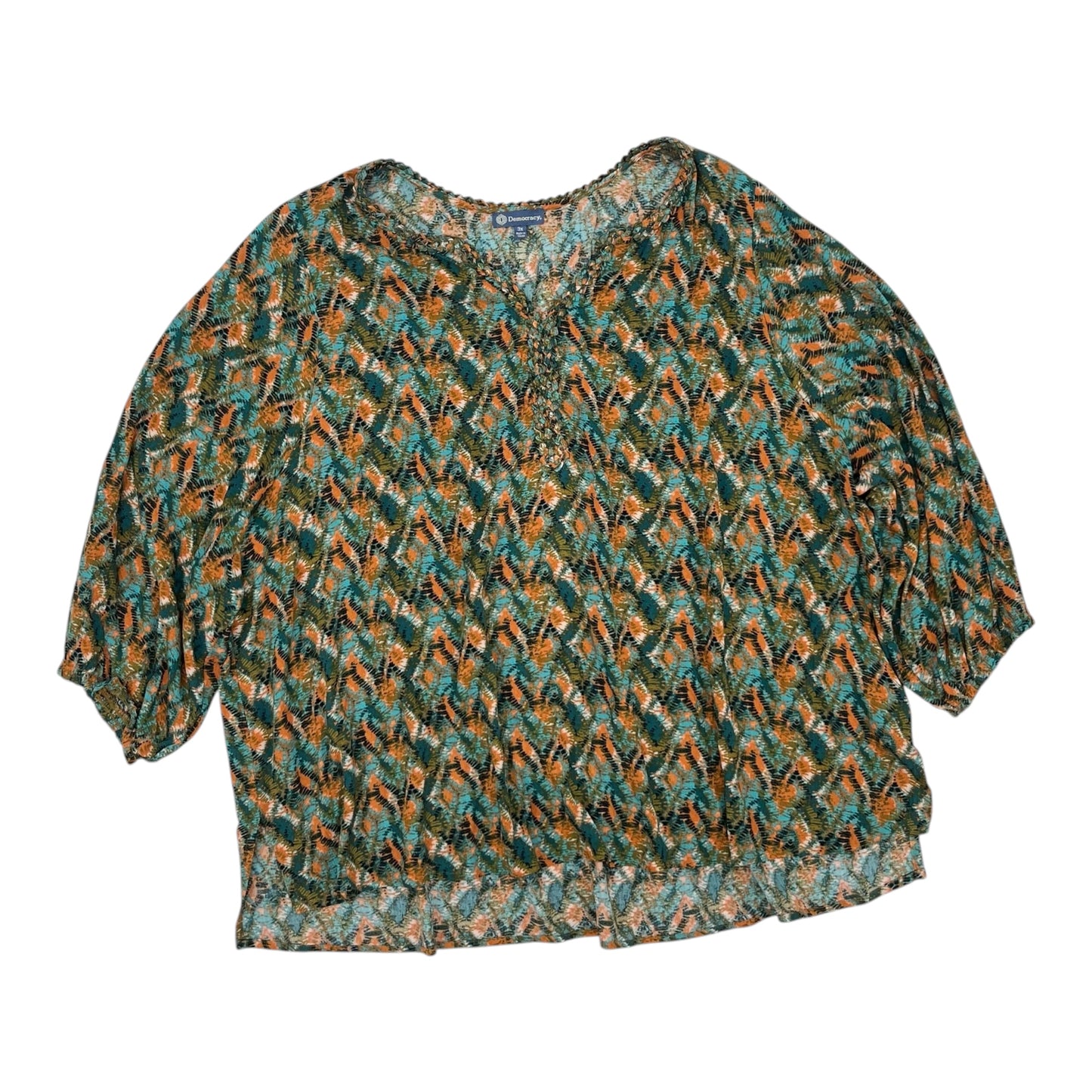 Blouse 3/4 Sleeve By Democracy In Green & Orange, Size:3X
