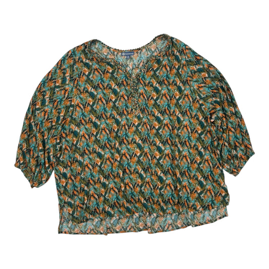 Blouse 3/4 Sleeve By Democracy In Green & Orange, Size:3X
