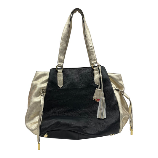 Handbag Leather By Clothes Mentor In Black & Gold, Size:Large