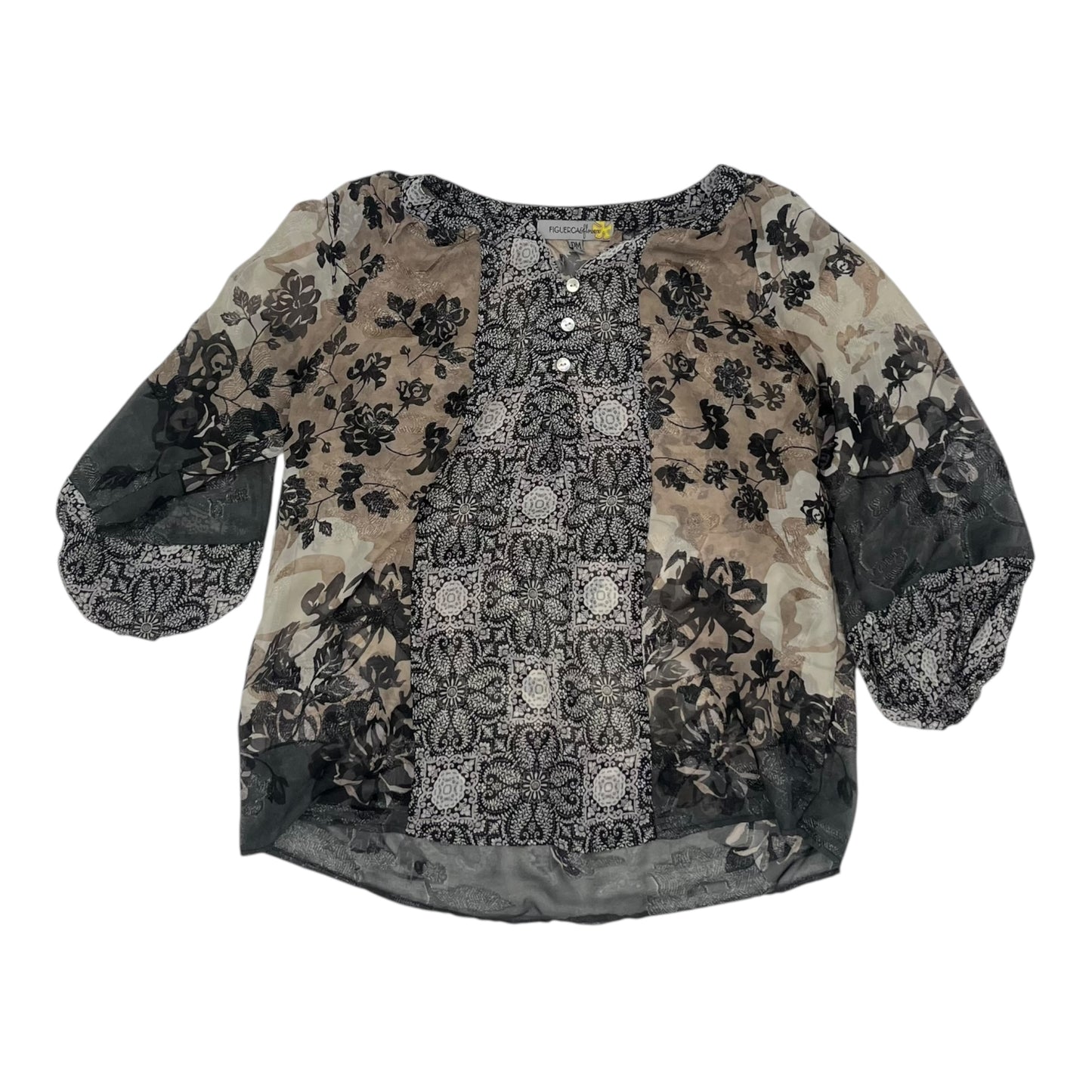 Blouse 3/4 Sleeve By Clothes Mentor In Black & Brown, Size:Mp