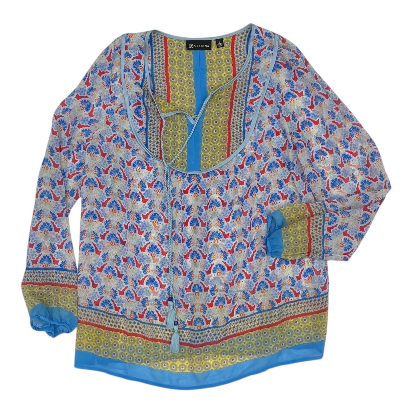 Blouse Ls By Versona In Blue & Red, Size:S