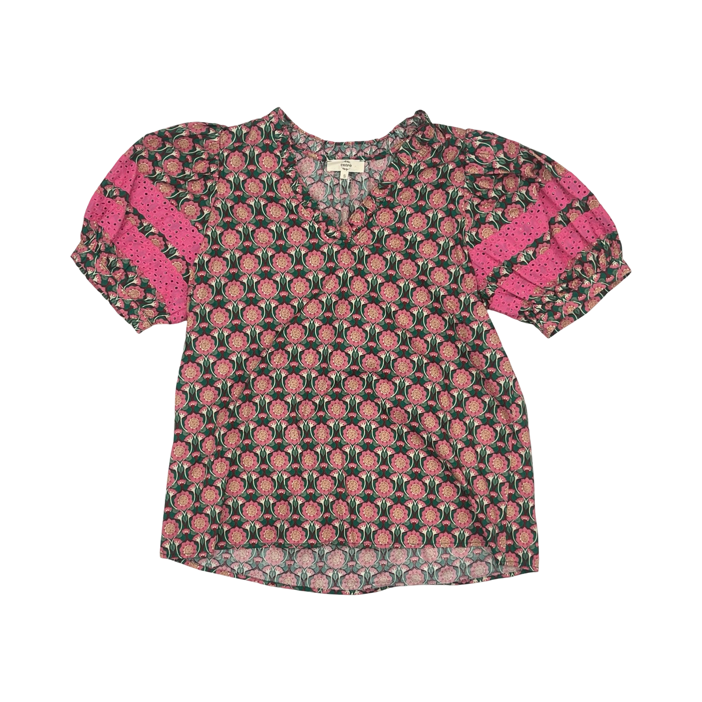 Blouse Ss By Entro In Green & Pink, Size:S